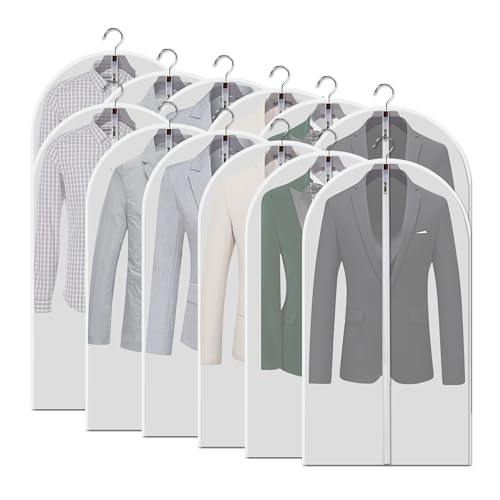Garment Bags 12 Pack, 24x40 Inch Clothes Covers for Closet | Dust Proof Translucent PEVA, Full-Length Zipper, 12 Mid-Length Bags, for Suits, Shirts and Seasonal Rotation - size: 24" x 40" 12 Piece Set