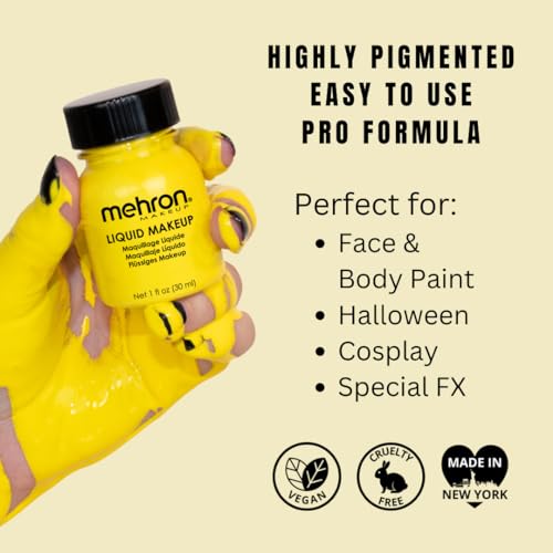Mehron Makeup Liquid Makeup - YELLOW, Face & Body Paint | 1 Fl oz Water-Based Face Paint & Body Paint Perfect for Halloween & Cosplay. Air Brush Compatible. Vegan & Made in the USA. - color: Yellow
