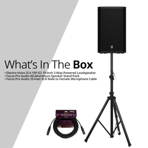 Electro-Voice ZLX-15P-G2 15 Inch 2 Way Powered Loudspeaker Bundle | Includes Focus Pro Audio All-Aluminum Speaker Stand Pack and Focus Pro Audio XLR Male to Female Microphone Cable