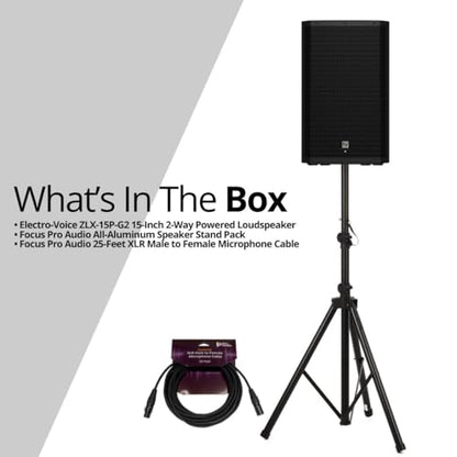 Electro-Voice ZLX-15P-G2 15 Inch 2 Way Powered Loudspeaker Bundle | Includes Focus Pro Audio All-Aluminum Speaker Stand Pack and Focus Pro Audio XLR Male to Female Microphone Cable