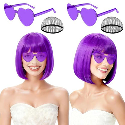 2 Pack Purple Bob Wig with Bangs Heart Sunglasses for Women, Neon Bobs Funny Party Wigs Synthetic for Adults Birthday Valentine's Day Bachelorette Mardi Gras Party Christmas Halloween Costume - color: Purple