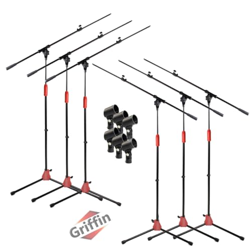 GRIFFIN 6 Pack Microphone Boom Stands (StageLOCK Series) – Tripod Folding Leg Base with Telescoping Arm & Clip Mount for Studio, or Live Karaoke - size: 6 Pack