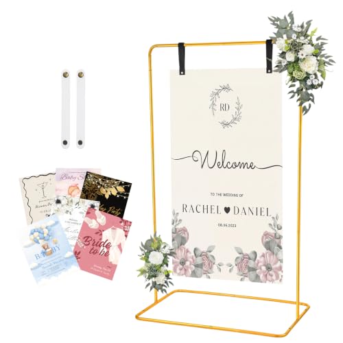 Wedding Welcome Sign Stand Fabric Banner Stand With Design Bundle Rose Vine | Linen Sign Holder Easel Stand for Sign Poster, Bridal Baby Shower Party With Stand Adjustable Welcome to Our Wedding, Gold - color: Gold