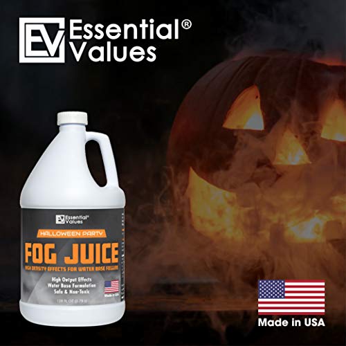 Essential Values Fog Machine Liquid - High Density Party Fog Juice (128 FL OZ / 1 Gallon) – for Water Based Foggers, Perfect for 400 Watt - 1500 W Machines – Manufactured in USA - size: 1 Gal - High Density