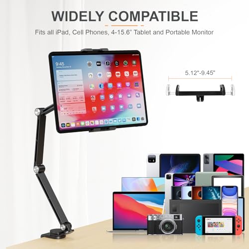 Houele Tablet Stand Holder, Adjustable Foldable Tablet Arm iPad Desk Mount with 360°Rotate Base, Phone Holder iPad Stand for Desk and Bed, Compatible with Tablets, Phones or Other 4-15.6" Device - color: Black