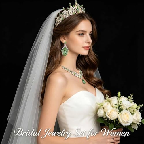 Tiaras Crowns for Women,Wedding Jewelry Set, Tiaras Necklace Earrings Crystal Bridal Wedding Jewelry Sets for Brides Bridesmaid Prom Costume Accessories - color: Gold lack green