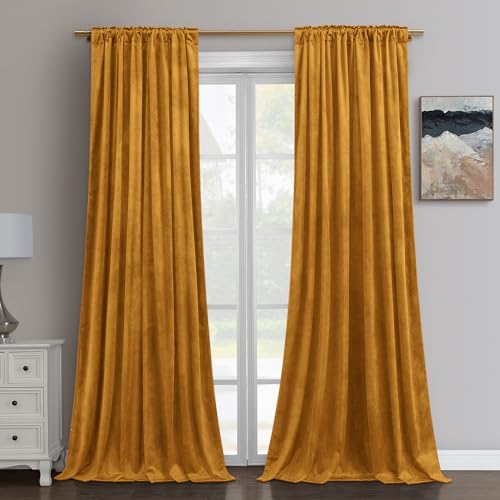 HOMEIDEAS Mustard Yellow Velvet Curtains, 52 x 84 Inches Long Thick and Luxury Room Darkening Thermal Insulated Pocket Back Tab Window Drapes for Living Room, Halloween - color: Mustard Yellow, size: 52"W x 84"L (Pack of 2)