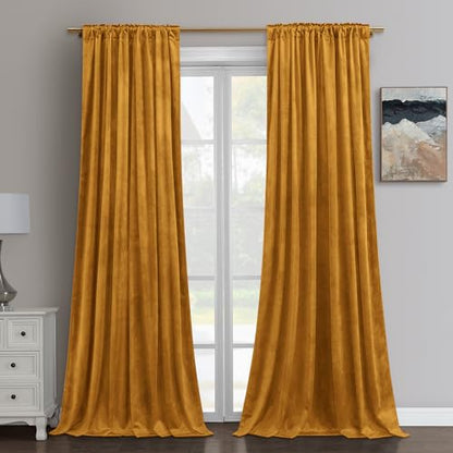 HOMEIDEAS Mustard Yellow Velvet Curtains, 52 x 84 Inches Long Thick and Luxury Room Darkening Thermal Insulated Pocket Back Tab Window Drapes for Living Room, Halloween - color: Mustard Yellow, size: 52"W x 84"L (Pack of 2)