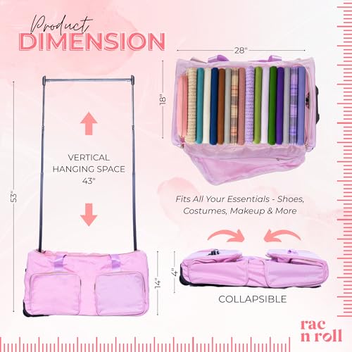 Rac n Roll Collapsible Rolling Dance Bag with Garment Rack (Clothes Rack), Foldable Competition Travel Duffel with Wheels for Dancers, Cheer, Pageant, Skating, Costume Storage, Pink - color: Pink