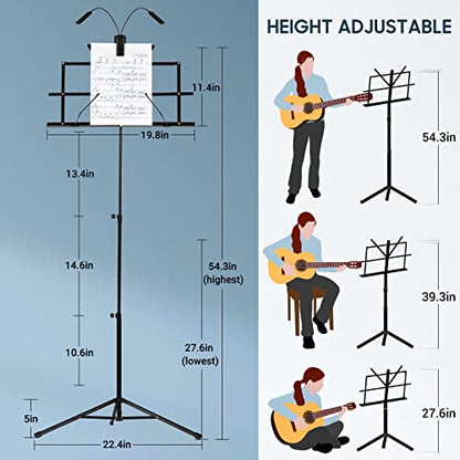 CAHAYA Sheet Music Stand Portable Folding Dual Use Holder with Stand Light | Reinforced Desktop Book Stand Lightweight Adjustable with Carrying Bag Including Music Sheet Clip Holder for Travel Practice - color: Black, style: With Light Version