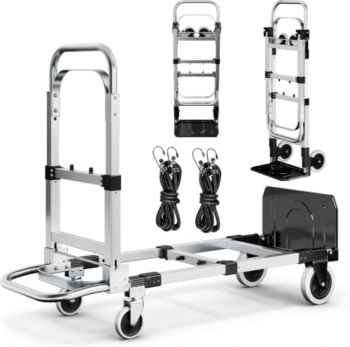 600lbs Upgraded 3 in 1 Folding Hand Truck for 4-Wheel Mode, Convertible Hand Truck Dolly with Non-Slip Handle & Wheels, Dolly Heavy Duty for Moving Home, Office, Warehouse（Silver-Black） - color: Glossy Silver-black, size: 3-1