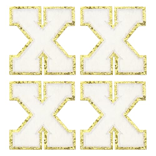 MECCANIXITY Chenille Letter Patches 3.1" Alphabet X Iron on Embroidered Patch Sew on Letter Stickers Applique for Repairing Clothing Jeans Shoes Hats DIY(White, Pack of 4) - style: Letter-X