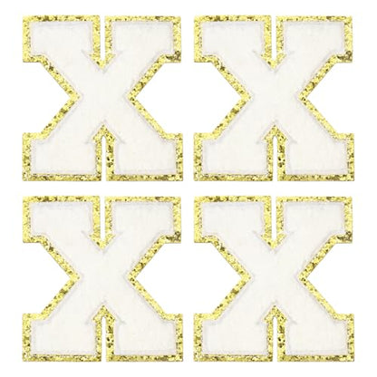 MECCANIXITY Chenille Letter Patches 3.1" Alphabet X Iron on Embroidered Patch Sew on Letter Stickers Applique for Repairing Clothing Jeans Shoes Hats DIY(White, Pack of 4) - style: Letter-X
