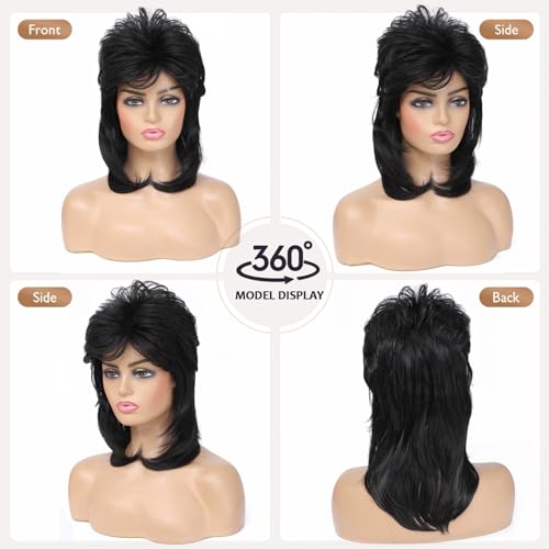 Airhostess Mullet Wig for Women 80s Costumes Fancy Party Accessory Cosplay Mullet Wigs (Black) - color: 2057-Black