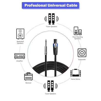 2 Pack 15ft Speakon to 1/4 Inch Male Speaker Cable, 15 feet 6.35mm Stereo Audio Connection Cord, 12 Gauge AWG Wires - size: 15FT/2PACK