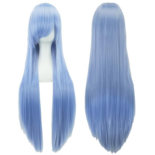 80cm Long Straight Natural Hair Cosplay Wigs with Bangs Colorful Halloween Costume Party Wig (Elf Blue) - color: Elf Blue