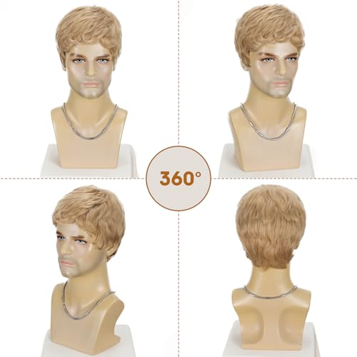 Mens Blonde Wig Short Layered Blond Straight Wig for Male Guys Synthetic Heat Resistant Fiber Natural Dirty Blonde Mens Wig for Halloween Party Anime 90s 2000s Use - color: Dirty Blonde