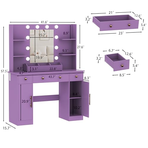HUANLEGO Vanity Desk with Mirror and Lights, Makeup Vanity with Mirror and LED Lights & Power Outlet, 3 Drawers and Cabinets, 3 Lighting Modes Dressing Table Set for Girls Women Bedroom,Purple - size: 43.7x15.7x57.6 in, style: Purple