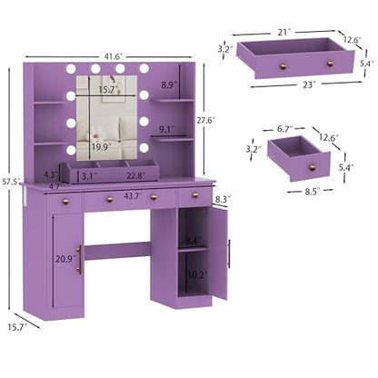 HUANLEGO Vanity Desk with Mirror and Lights, Makeup Vanity with Mirror and LED Lights & Power Outlet, 3 Drawers and Cabinets, 3 Lighting Modes Dressing Table Set for Girls Women Bedroom,Purple - size: 43.7x15.7x57.6 in, style: Purple