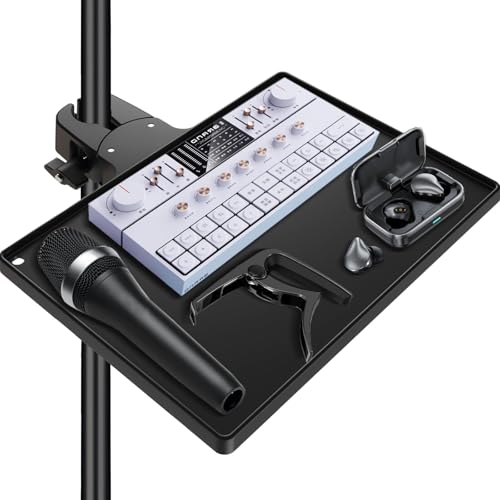 Mic Stand Tray 10.6" x 7.8" Large with Crab Clamp for Mixers & Gear | Sturdy ABS, Firm Grip, Easy ON/OFF, 5.5 lbs Capacity, Clamps on Microphone, Music, Drum Stands & Tripod, for Studio, Podcast - style: Tray