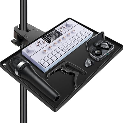 Mic Stand Tray 10.6" x 7.8" Large with Crab Clamp for Mixers & Gear | Sturdy ABS, Firm Grip, Easy ON/OFF, 5.5 lbs Capacity, Clamps on Microphone, Music, Drum Stands & Tripod, for Studio, Podcast - style: Tray