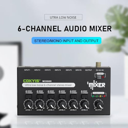 COKYIS Mini Audio Mixer, 6-Channel Stereo Line Mixer for Precision Sub-Mixing, with Ultra Low-Noise Operation, Independent Microphone Control, 1/4" TRS Input/Output-for Guitars, Bass, Stage Mixer