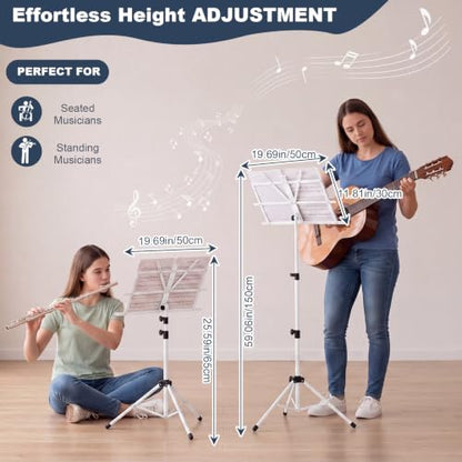 Threehoney 6 Pack Portable Folding Music Stand with Carrying Bags, Dual Use Metal Desktop Book Holder, Adjustable Height 25.6–59", Stable Tripod for Musicians, Students & Band (White) - color: White