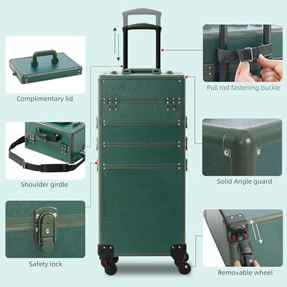 Somduy Makeup Train Case, Rolling Makeup Case with Lid, 5 in 1 Cosmetology Case on Wheels, Christmas Gift, Large Makeup Case Organizers, Profesional Cosmetic Case for Salon Barber, Green - color: Green