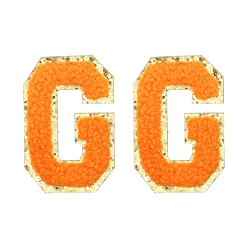 MECCANIXITY Chenille Letter Patches 2.2" Self Adhesive Alphabet g Stick on Embroidered Patch Sew on Letter Stickers Applique for Repairing Clothing Jeans Shoes Hats DIY(Orange, Pack of 2) - style: Letter-G