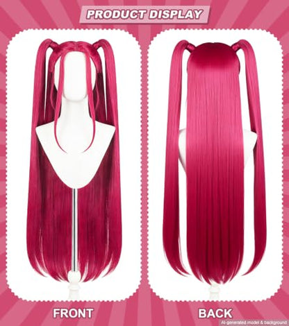 Hot Pink Cosplay Wig for Adults, Long Straight Wig with 2 Ponytails | Long hot pink synthetic hair wig for anime cosplay, Halloween, carnival, costume parties, and adult dress-up looks. - color: Pink
