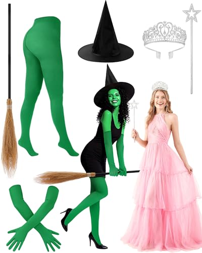 6 Pcs Halloween Green & Good Witch Costume Accessories Set Black Witch Hat, Broom, Green Gloves, Leggings, Princess Crown and Star Wand for Women Friends Musical Theater Cosplay Party