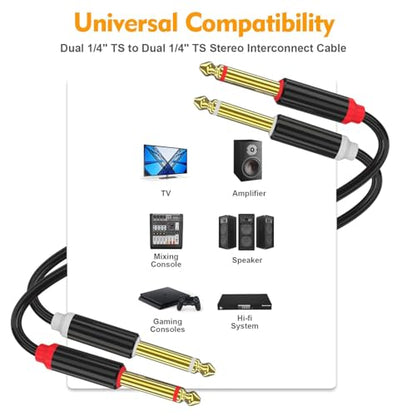 HOSONGIN Dual 1/4 inch TS to Dual 1/4 inch TS Stereo Interconnect Insert Cable, PVC Jacket Gold-Plated Plug Double Shielding Cable, 25 Feet - size: 25 Feet