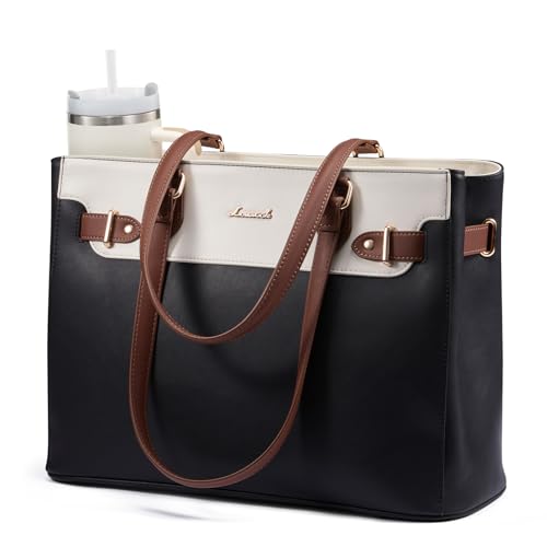 LOVEVOOK Laptop Tote Bag for Women Work, Teacher Tote Bag with Large Cup Holder, Waterproof Leather Computer Bag - color: Black-beige-brown, size: 17.3 inch