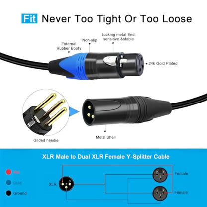 (5 FT- 2 Pack) XLR Splitter Cable, 1 Male to 2 Female XLR Y Splitter Micrphone Cable, 3pin Male to Dual Female Y-Splitter Balanced Mic Audio Cables for Stereo Mic to L & R Audio Track - size: 5 ft-2Pack