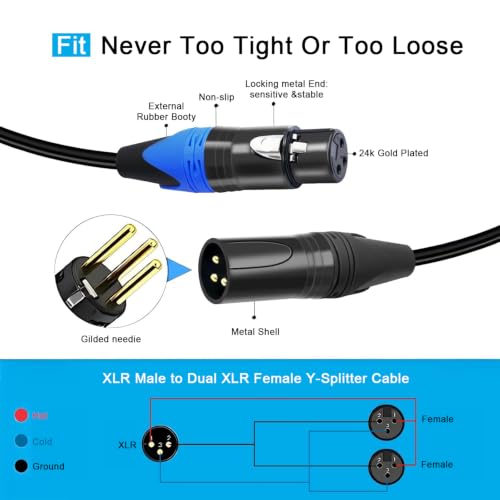 (20 FT - 1 Pack) XLR Splitter Cable, 1 Male to 2 Female XLR Y Splitter Micrphone Cable, 3pin Female to Dual Male Y-Splitter Balanced Mic Audio Cables for Stereo Mic to L & R Audio Track - size: 20 ft - 1 pack