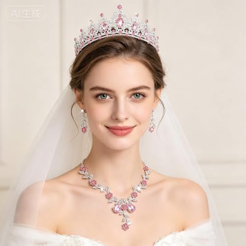 Kamirola Tiaras and Crowns for Women,Tiaras Earrings Necklace, Crystal Bridal Jewelry Set, Costume Party Halloween Prom Pageant Jewelry for Women(TR45) - color: Pink & Silver