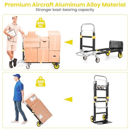 3-in-1 Folding Hand Truck, 600lb Convertible 4 to2 Wheel Dolly Cart Yellow | For home office warehouse garage farm gym, carbon steel frame, base expands 35-44in, swivel rubber wheels, folds flat - color: Yellow-1
