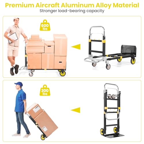 3-in-1 Folding Hand Truck, 600lb Convertible 4 to2 Wheel Dolly Cart Yellow | For home office warehouse garage farm gym, carbon steel frame, base expands 35-44in, swivel rubber wheels, folds flat - color: Yellow-1