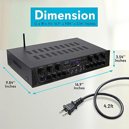 Pyle Home Audio Amplifier with Bluetooth - 6 Channel 600 Watt Peak Power, Karaoke with Echo, 2 Mic Input with Talkover, Headphone In, USB A MP3 Player with SD Reader - Home, Commercial, Worship - style: 6 Channel