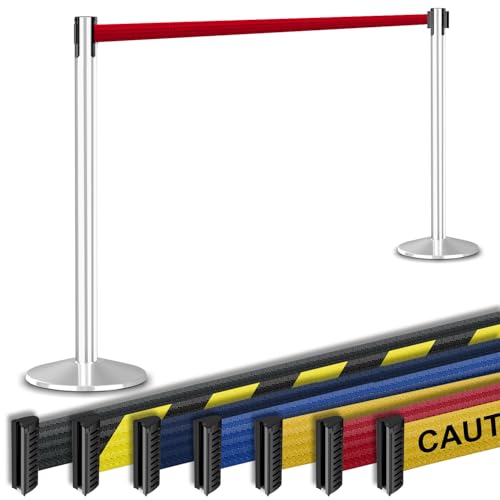 Commercial-Grade Stanchion 2-Pack by Visiontron – RETRACTA-Belt Prime (Model P100PS1) 10’ Retractable Belt Barrier - Heavy Base Crowd Control Barrier (Polished Stainless Steel w/Res Belt) | Commercial Grade Retractable Belt Stanchions, PRIME, Cement Base,