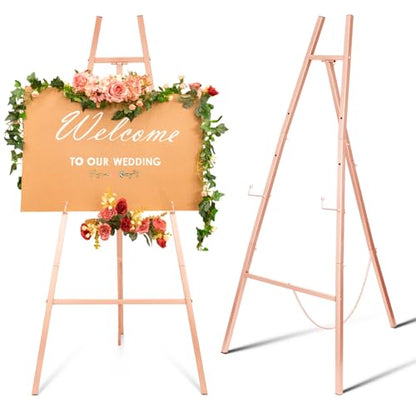 Rose Gold Croblissful 50" Easel Stand for Wedding Sign Adjustable, Metal | 3 Tier Height, Display Easel with Chain, Heavy Duty Floor Tripod, Welcome Wedding Baby Shower Sign, Painting Canvas Poster - color: Rose Gold