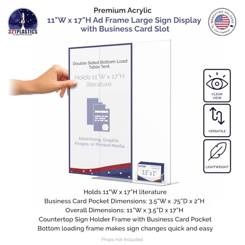 Marketing Holders 2 Pack Sign Holder Table Tent 11" x 17" Advertisement Display Clear Acrylic Bottom Load with 3.5" x 2" Business Card Slot - size: 11"W x 17"H Bottom Load w/Card Slot