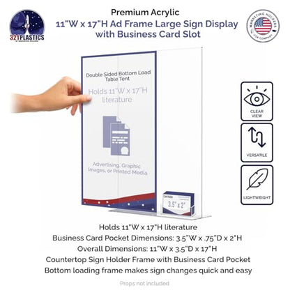 Marketing Holders 2 Pack Sign Holder Table Tent 11" x 17" Advertisement Display Clear Acrylic Bottom Load with 3.5" x 2" Business Card Slot - size: 11"W x 17"H Bottom Load w/Card Slot