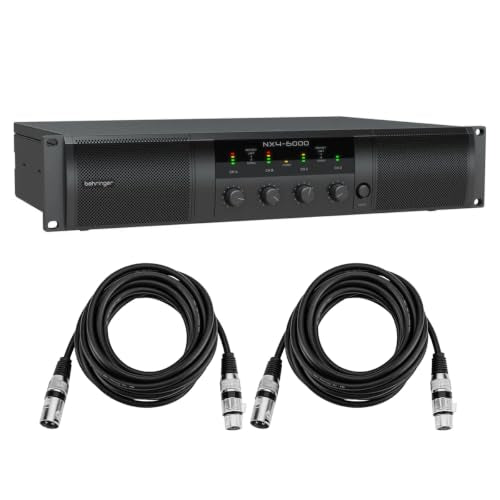 Behringer NX4-6000 Ultra Lightweight 6000W 4-Channel Class-D Power Amplifier, Bundle with 2x 15' XLR Microphone Cable