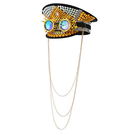 GRACEART Women's Burning Man Sequin Hat Mucis Festival Military Captain Hats Steampunk Caps with Goggles - style: Style-20(with Goggle)