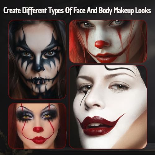 White Black Red Halloween Face Body Paint with 3PCS Sponge and 1PC Brush, for Baseball, Softball Sports(Eye Black) & Halloween (Joker, Clown), Face Painting Kit for Cosplay, SFX Costumes - color: White+Black+Red-1