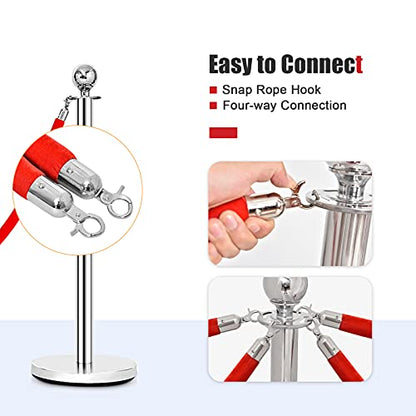 Goplus 6Pcs Stainless Steel Stanchion Set, Stanchions and 5FT Red Velvet Ropes, Round Top Polished Silver Stanchion Posts Queue Line Pole, Crowd Control Safety Barriers for Theaters, Museum, Party