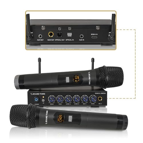 Sound Town 100 Channels Wireless Microphone Karaoke Mixer System with 2 Metal Handheld Microphones, Optical (Toslink), AUX, for Smart TV, Home Theater, Sound Bar (SWM16-2MEGA) - color: Black & Gray