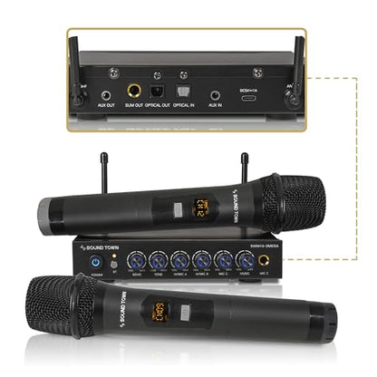 Sound Town 100 Channels Wireless Microphone Karaoke Mixer System with 2 Metal Handheld Microphones, Optical (Toslink), AUX, for Smart TV, Home Theater, Sound Bar (SWM16-2MEGA) - color: Black & Gray