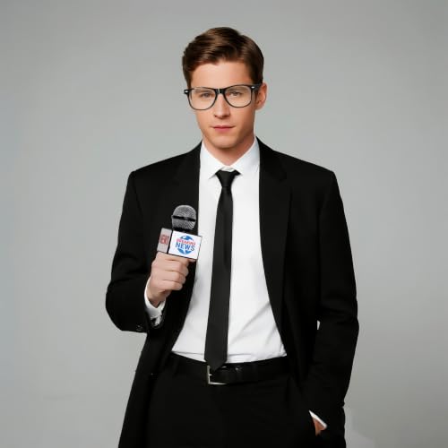 5Pcs News Reporter Costume Accessories, Fake News Microphone Prop Press Pass Glasses Tie Bowtie Set for Halloween Dress Up Career Day Party